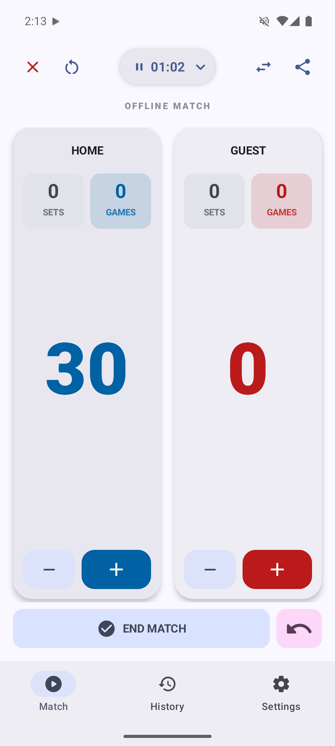 Tennink phone app score screen